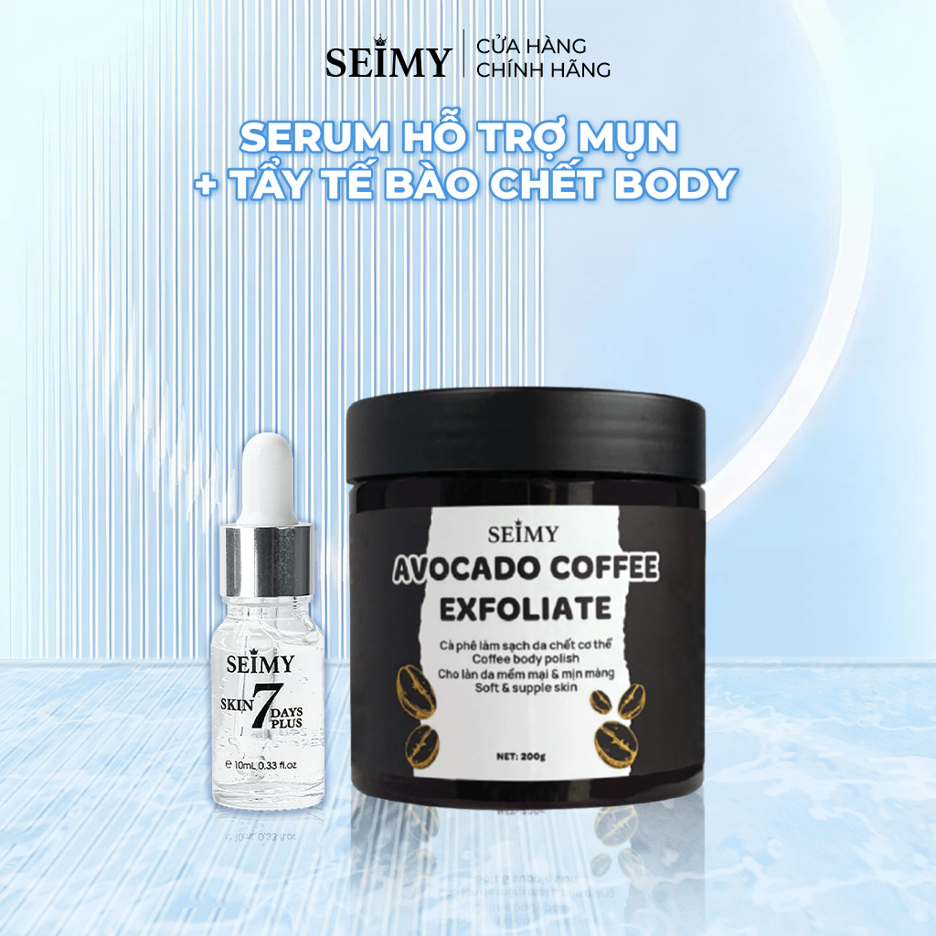 COMBO SERUM HỖ TRỢ GIẢM MỤN SKIN 7DAYS PLUS VÀ TẨY TẾ BÀO CHẾT CÀ PHÊ BODY SEIMY